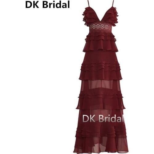 Burgundy V-Neck Sexy Spaghetti Strap Prom Dresses Cake Skirts Evening Dress Chiffon Ruffles Long Party Dresses robe de soiree