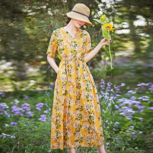 2021 New Summer Short Sleeve Lady Dress Print Floral V-neck Summer Dress Cotton Women Casual Dress Holiday Outerwear Vestidos