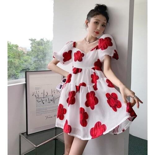 Red Flower Puff Sleeve Dress 2021 Summer New Korean Fashion Womens Square Neck Sweet White Mesh Puffy Dress