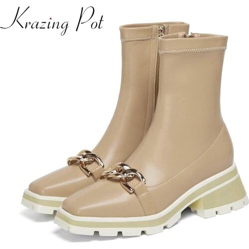 Krazing pot cow leather winter square toe Chelsea boots keep warm zipper metal fasteners KPOP fashion stretch ankle boots l9f6