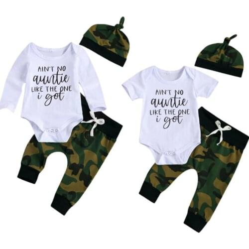 Citgeett Summer Infant Baby Boys Fall Outfits Cute Short/Long Sleeve Letter Print Romper + Camo Pants + Top Hat 3Pcs Set