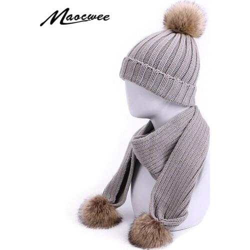 Children Hat Scarf Set With Fake Fur Pompon Two Pieces Women Beanie Keep Warm Winter Knitted Skullies Kids Bone Hats Girls Cap