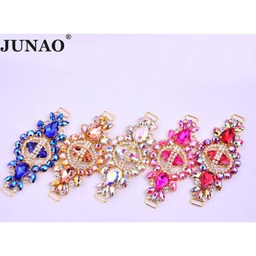JUNAO 55x132mm 1pcs AB Glass Rhinestones Applique Flower Strass Chain Sew On Crystal Connector Stones Buckle Big Crystals