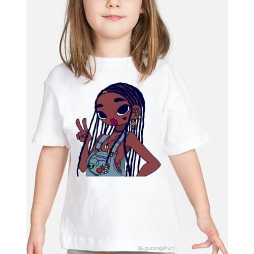 Cute Girl Black Little Girl Print Summer Fashion T-shirt Kawaii Kids Clothes Graphic Shirt Girls 2-12 Years Old Summer Clothin