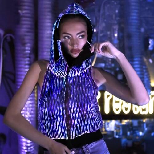 Fashion Led Light Hoodie Pullover Luminous Fiber Optic For Hip Hop Girls Zipper Hoodies Backless Sexy Full Face Mask Cap