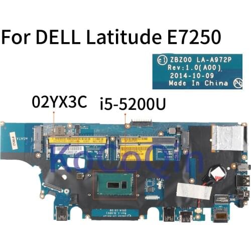 KoCoQin Laptop motherboard For DELL Latitude E7250 SR23Y i5-5200U CPU CN-02YX3C 02YX3C LA-A972P Mainboard perfect work