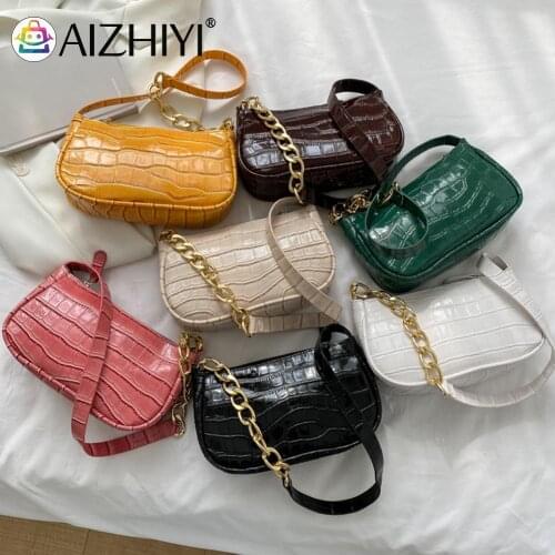 Fashion Women Alligator Pattern Pure Color Chain PU Leather Shoulder Underarm Bag Casual Ladies Small Handbag Purse