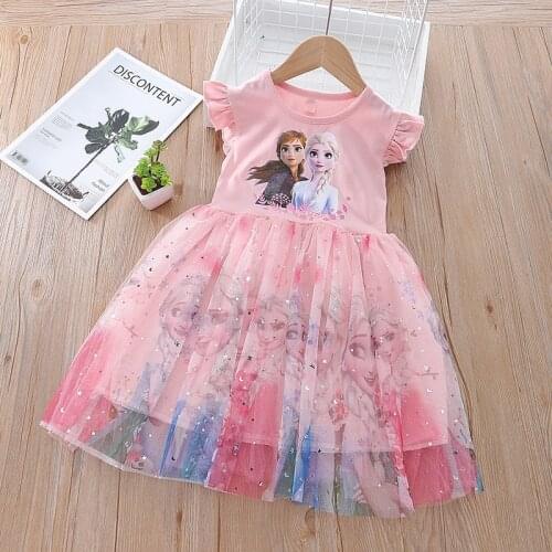 Fashion Korean Baby Girls Flying Sleeve Princess Dress Frozen Elsa Anna Party Birthday Costume Vestidos Kids Mesh Clothes