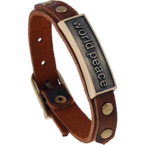 New Men Jewelry Punk Brown Braided Leather Bracelet For Men Stainless Steel Magnetic Clasp Fashion World Peace Gifts