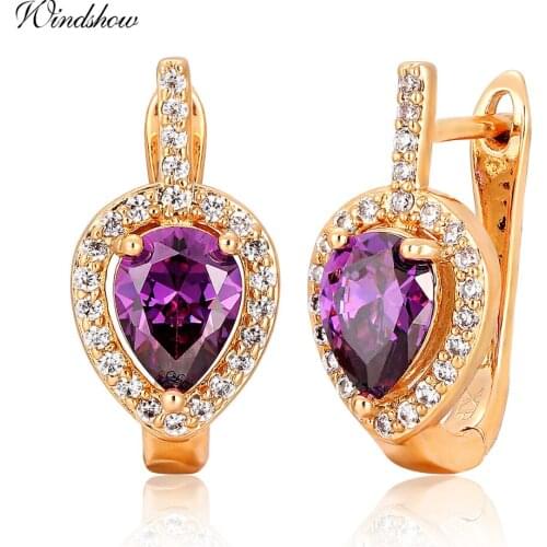 2017 New Fashion Pear Cut Purple With CZ Accent Teardrop U Huggies Hoop Earrings for Womens Gold Color Jewellery Aros Aretes