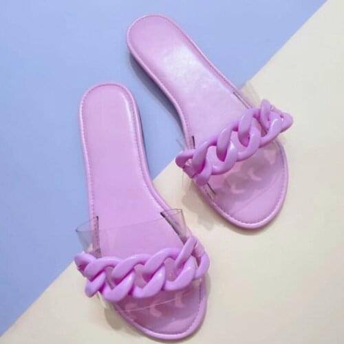 2021 New Womens Shoes Slippers Fashion Chain Decorative Vamp Color Cute Cool Slippers European American Flat Bottom Slippers