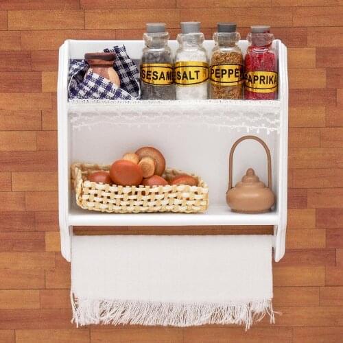 Odoria 1:12 Miniature Wood White Wall Mounted Cabinet Food Storage Shelf with Spice Jars Kitchen Set Dollhouse Accessories Decor