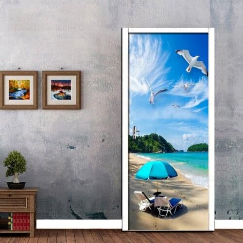 PVC Self-adhesive 3D Wall Door Sticker Beach Sea View Wall Sticker Wallpaper Poster For Living Room Door Decals Home Decor Mural