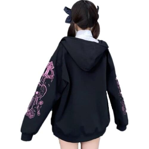 Autumn Zip Up Gothic Hoodie Women Sword Skull Pattern Long Sleeve Casual Oversized Hooded Sweatshirt Punk Harajuku Outerwear