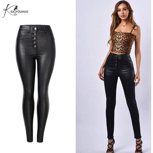 2019 Winter Snake Grain PU Leather Pants For Women Plus Size Pants Trousers Women High Waist Black Pencil Pants Pantalon Femme