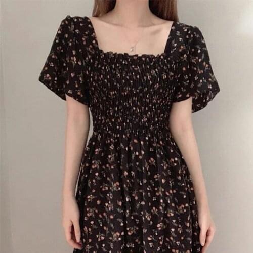 Dresses For Women Sweet Puff Sleeve Floral Print Square Collar Mid-Calf Summer Dress Korea Chic Slim Womens Summer Sundresses