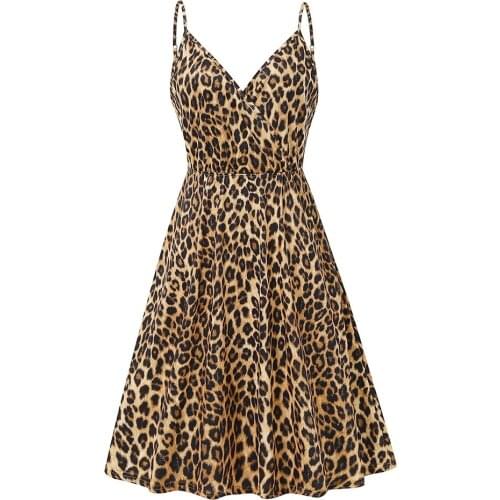 Spring And Summer2021European And American Womens Fashion Sexy Leopard Print High-Waisted V-Neck Dress With Halter Skirt Pocket
