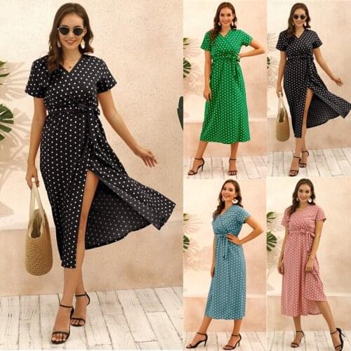 Summer Sexy V Neck Short Sleeve Women Split Dress 2021 Bohemia Casual Belt Empire Polka Dot Print Ladies Dresses Plus Size