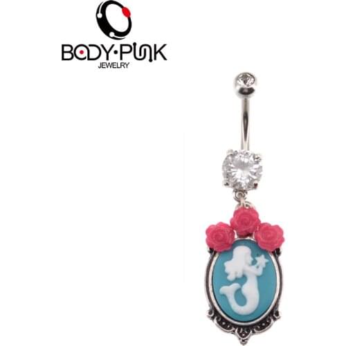 Body Punk Lucky Vintage Rose Mermaid Dangle Belly Button Ring Female Fake Piercing Nombril Navel Piercing Jewelry Rome Design