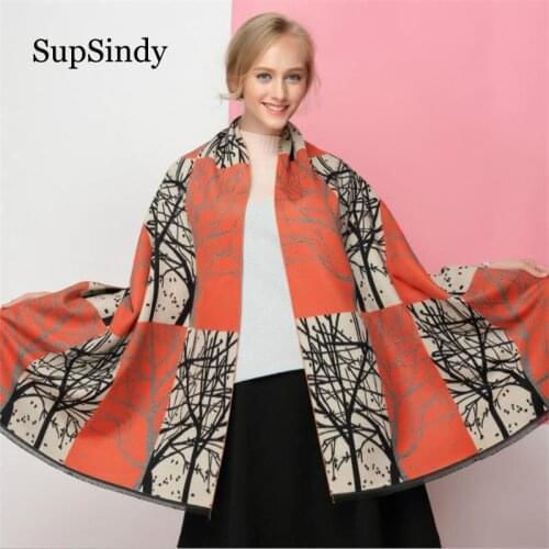 SupSindy New Winter scarf Thick soft warm Cashmere wool scarf for women sided luxury brand tree Shawl orange Spell color Scarves