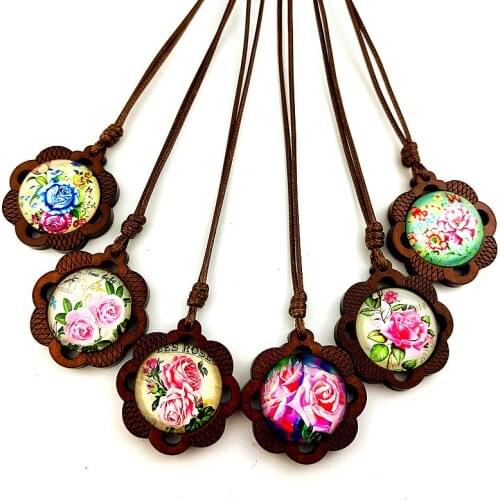 Jiangzimei 24pcs hollowed out flower shaped wooden base with beautiful pink rose glass Cabochon Women and girl Necklace