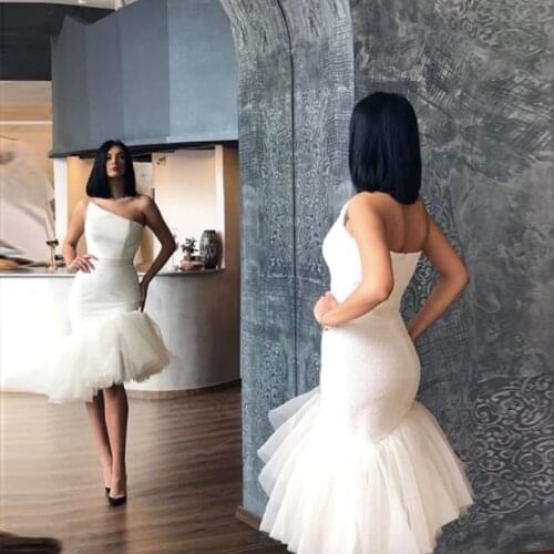 White Pure One Shoulder Cocktail Dresses Tulle Tiered Mermaid Prom With Zipper Back Special Occasion Gowns 2020