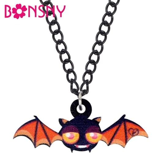 Bonsny Acrylic Halloween Anime Flying Bat Necklace Pendant Chain Festival Jewelry For Women Girls Teen Kid 2019 New Fashion Gift
