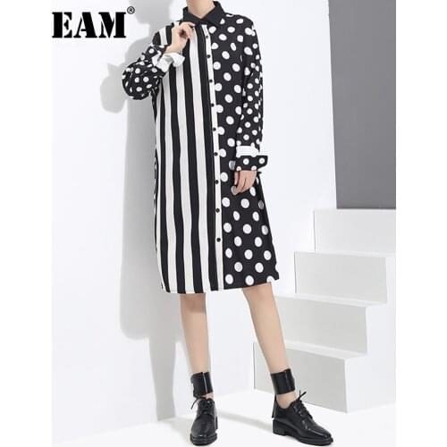 [EAM] Women Black Dot Striped Split Joint Shirt Dress New Lapel Long Sleeve Loose Fit Fashion Tide Spring Autumn 2021 JU688