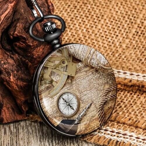 Nostalgia Pocket Watch Antique Compass Map Pattern Arabic Numerals Nostalgia Dial Smooth Cover Thick Chain Unisex Necklace Watch