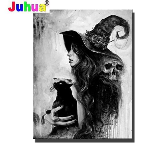 5D Diamond Painting Kits for Black And White Witch Cat DIY Diamond Mosaic Art Kits Full Drill Round Halloween Party Home Decor