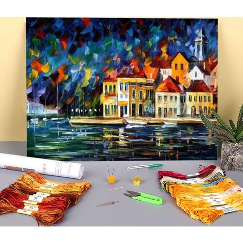 Town Marina Printed 11CT Cross-Stitch Embroidery Kit DMC Threads Handmade Handiwork Sewing Knitting Promotions Design Decor