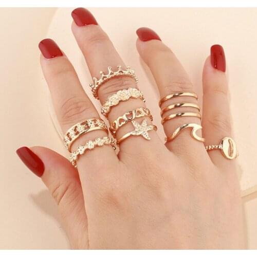 11 pc/set Fashion Joint Rings Sets for Women Boho Starfish Wavy Shell Crown Love Knuckle Party Rings Punk Jewelry Gift AM3091