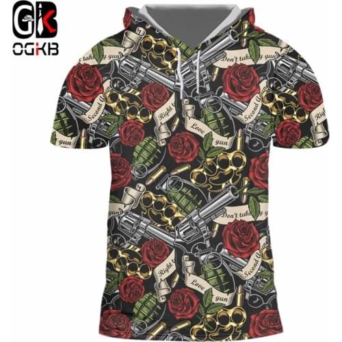 OGKB 3D Gun And Red Rose Printed Hooded Tshirt Mens Summer Quality Terror T Shirts Short Sleeve Hip Hop Harajuku Top Drop Ship