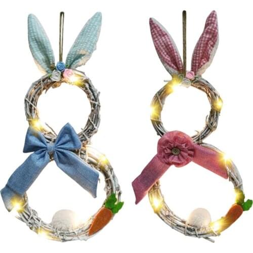 Handmade Rattan Easter Bunny Rabbit Wreath Door Hanging Garland with LED Light Spring Holiday Home Decorations