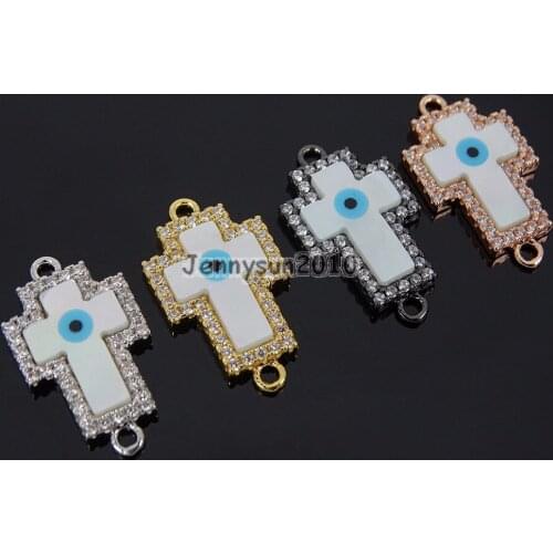 Clear Zircon Gems Stones Pave Cross Lucky Eye Mother Of Pear Bracelet Connector Charm Beads 10Pcs/Pack