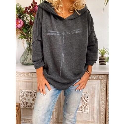 Early Autumn Women Hooded Loose Printed Mid-Length Tops Long Sleeve Female Casual All-match Simple Sweatshirt