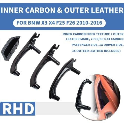 RHD Right Hand Carbon Fiber Black Car Interior Inner Door Pull Handle Trim Cover W/ Outer Leather Full set For BMW X3 X4 F25 F26