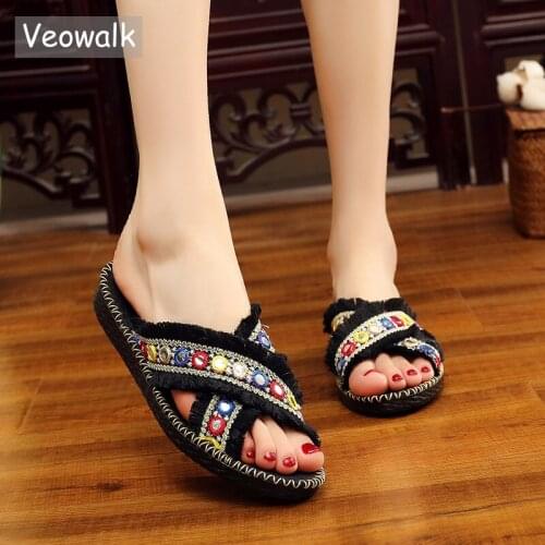 Veowalk Cross Bandage Women Cotton Tassel Flat Slide Slippers Handmade Sequins Summer Ladies Soft Comfortable Open Toe Shoes