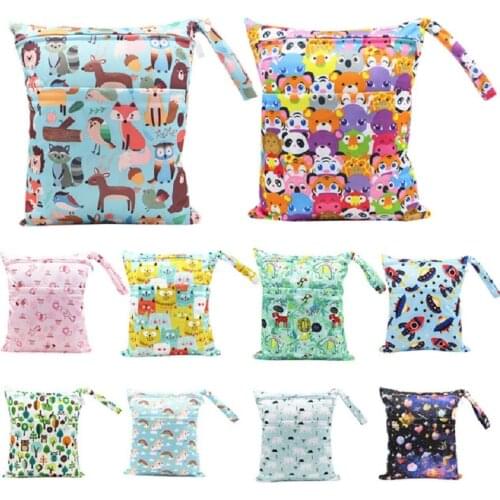 Double Pockets Zipper Wet Bag Waterproof PUL Snap Handle Wetbag For Baby Diapers Nappies Stroller Mommy Diaper Wet Bag 30*36cm