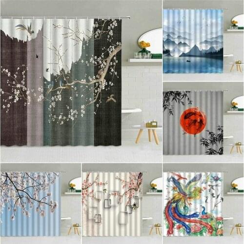 Chinese landscape flower bird Shower Curtain Wood Grain Backdrop Bathroom Decor Curtains Waterproof Fabric Hooks Bath Screen