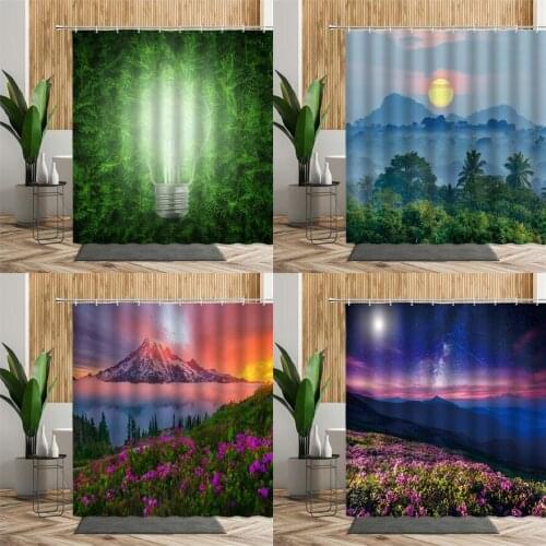 Beautiful Sunset Scenery Shower Curtains Plants Flowers Forest Mountain Fog Bathroom Decor Curtains Bathtub Screen With Hooks