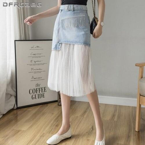 Patchwork Tulle Womens Mid-Long Denim Skirt With Diamond 2021 Summer High Waist Casual Mesh Slim Jean Skirts Female