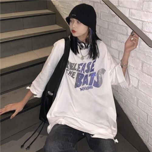 Letter Hot Rhinestone 2021 Summer New Korean Version Loose Short Sleeve T-shirt Top Women All-match Harajuku Style