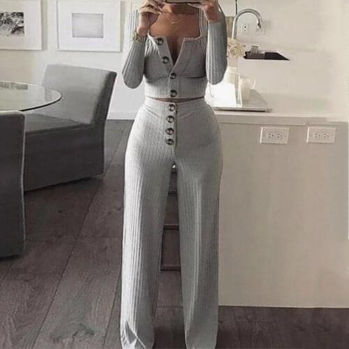 Women Ribbed Knit 2 Pieces Outfits Long Sleeve Sexy Square Neck Buttons Cardigan Crop Top Wide Leg Pants Solid Color Casual