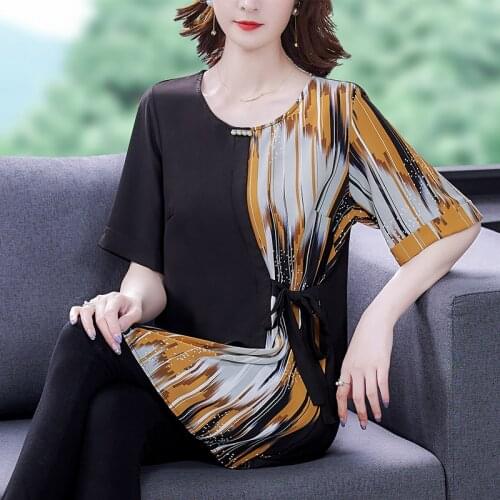 Summer Casual Patchwork Print Chiffon New Shirts Vintage Loose 5XL Plus Size Tops and Blouses 2021 Women Elegant Bodycon Blouses