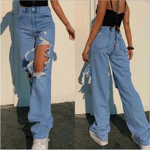 Free Shipping New Women Fashion Trend Ripped Jeans Cotton Denim Long Pants Girls Streetwear Casual Loose Straight Jeans Trousers