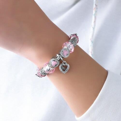 Europe and America Style Charm Bracelets For Women Pink Crystal Beads Silver Plated Snake Chain Brand Bracelet Kids Jewelry Gift