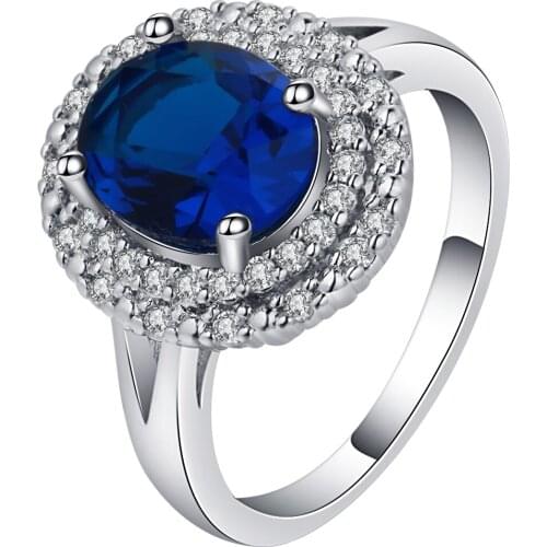 UFOORO Luxury blue female ring big oval crystal shiny zircon pave tredny flower band classic wedding jewelry wholesale
