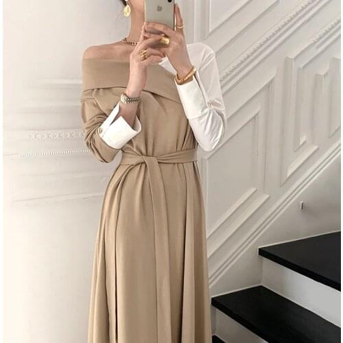 Women V-Neck Elegant Patchwork Long Dress Ladies Off shoulder Long Sleeve Korean with Belt Vintage Office Dress
