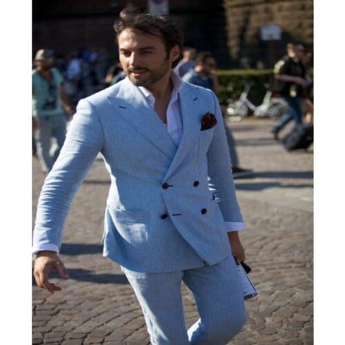Linen Groom Tuxedos Custom Made Man Suit Double Breasted Summer Suits light Blue Beach Suit Blazers As Groom Men Suit